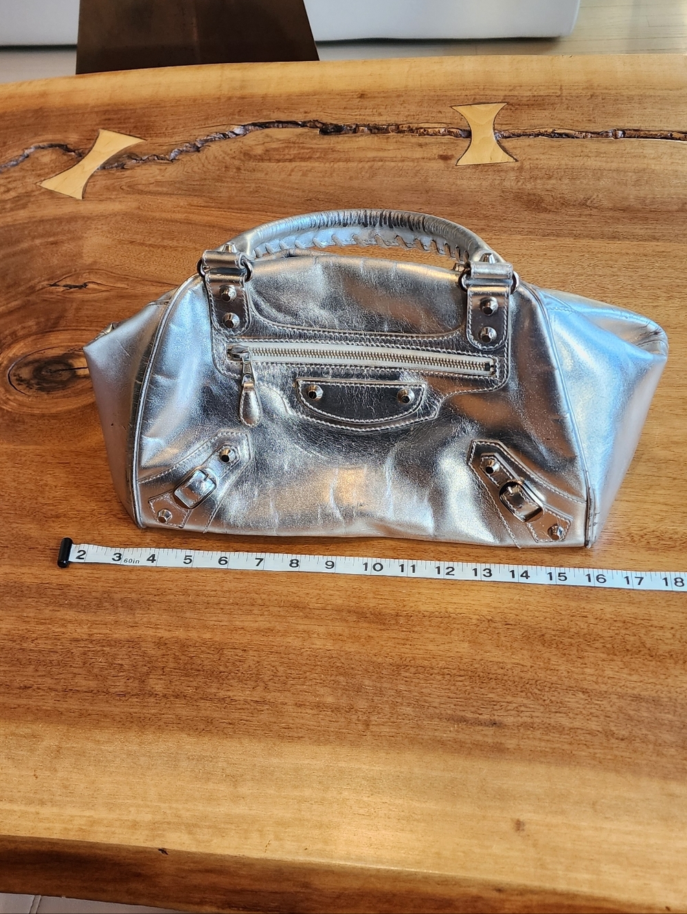 Balenciaga Metallic Silver Satchel City Bowling Bag With Braided Handles - Picture 14 of 16
